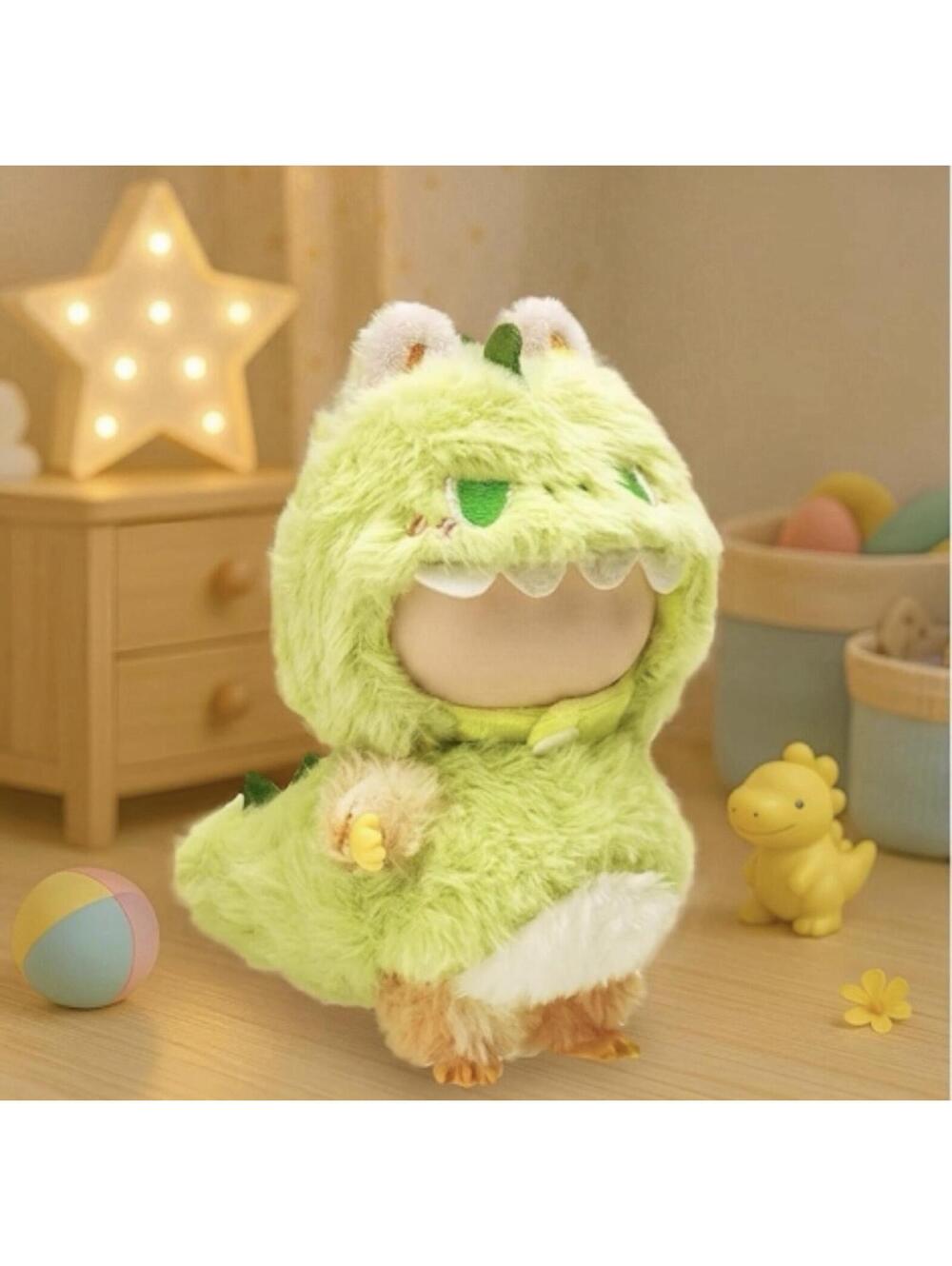 Fluffy Dinosaur Labubu Outfit - Green Dino Hood & Tail Costume Set